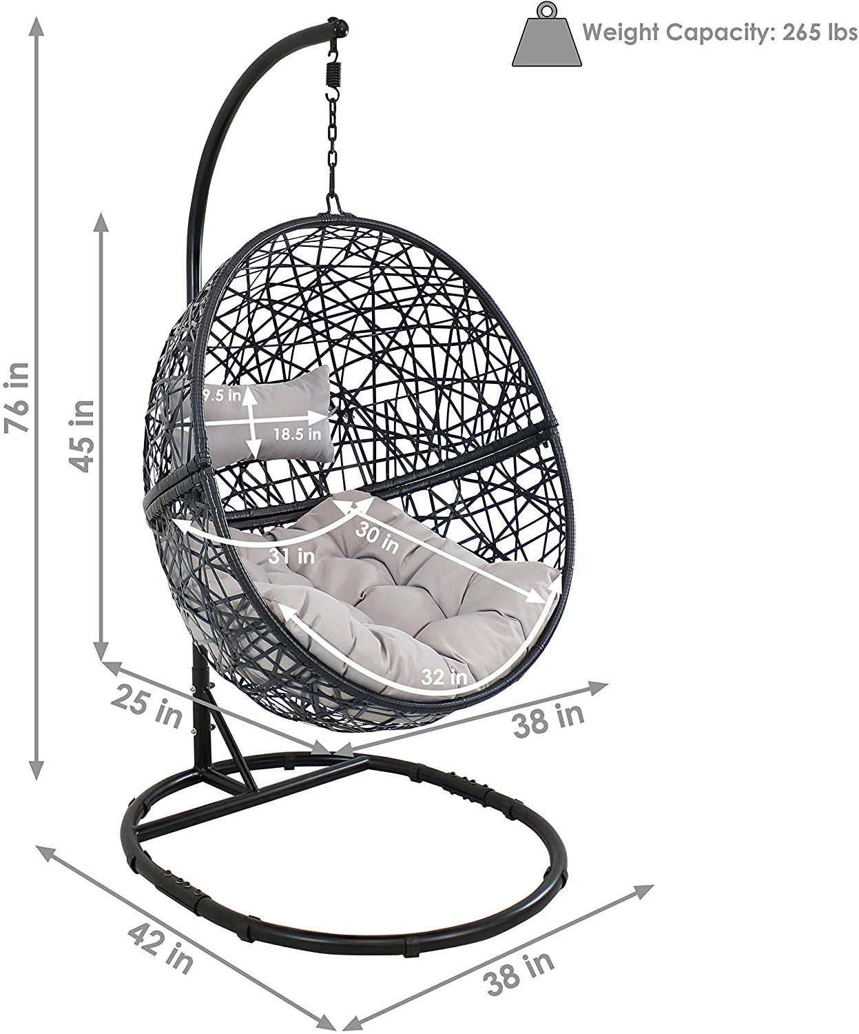 Hanging Egg Chair Swing with Steel Stand Set - All Weather Construction - Wicker Rattan Swing - Large Basket Design -