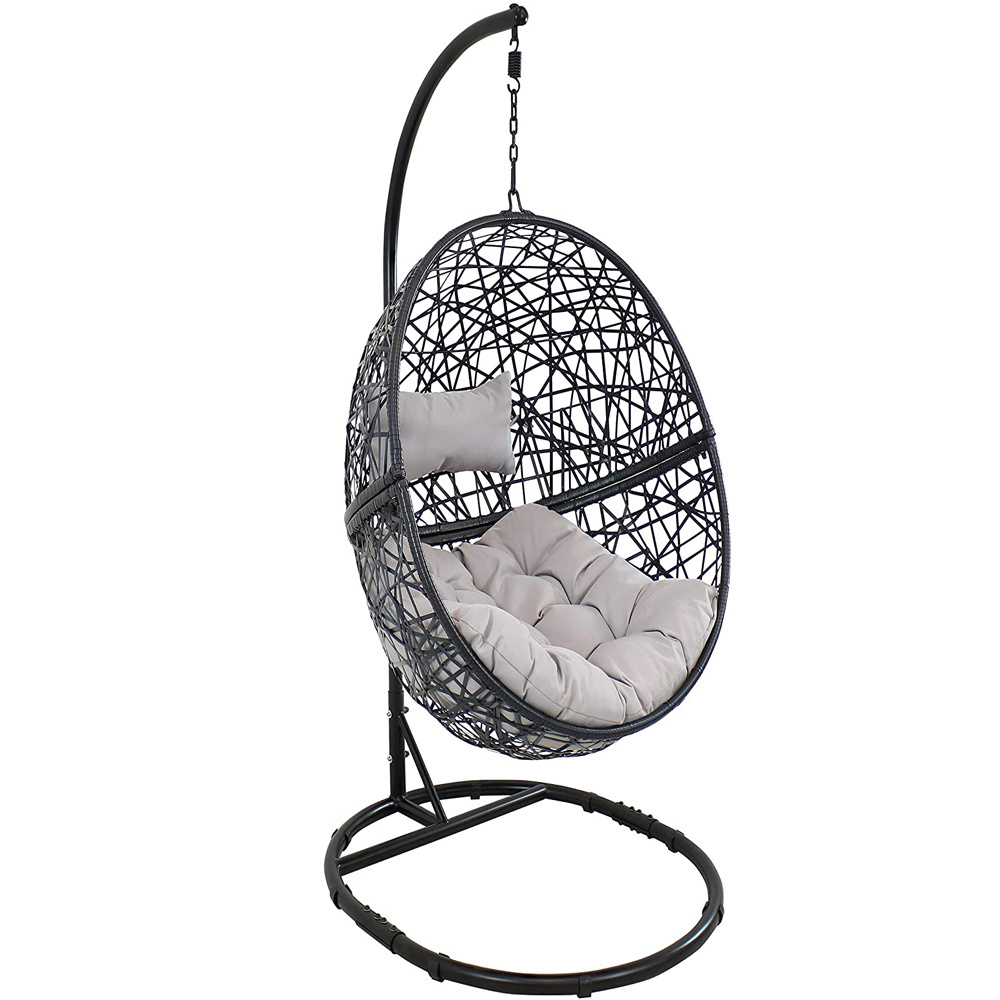 Hanging Egg Chair Swing with Steel Stand Set - All Weather Construction - Wicker Rattan Swing - Large Basket Design -