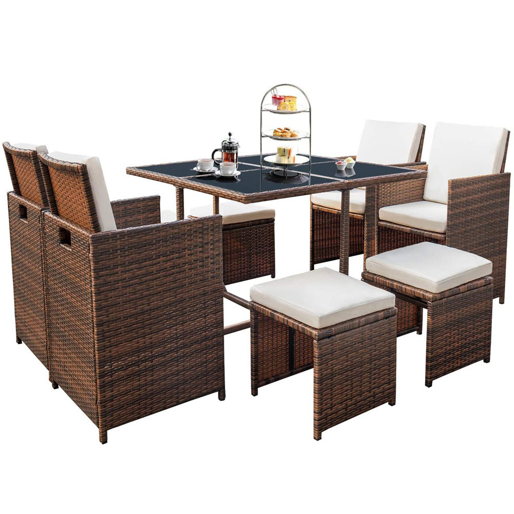 9 Pcs Garden Sets Outdoor Furniture Rattan Wicker with Glass Table Cushioned Seating and Back Sectional Conversation Set(Beige)