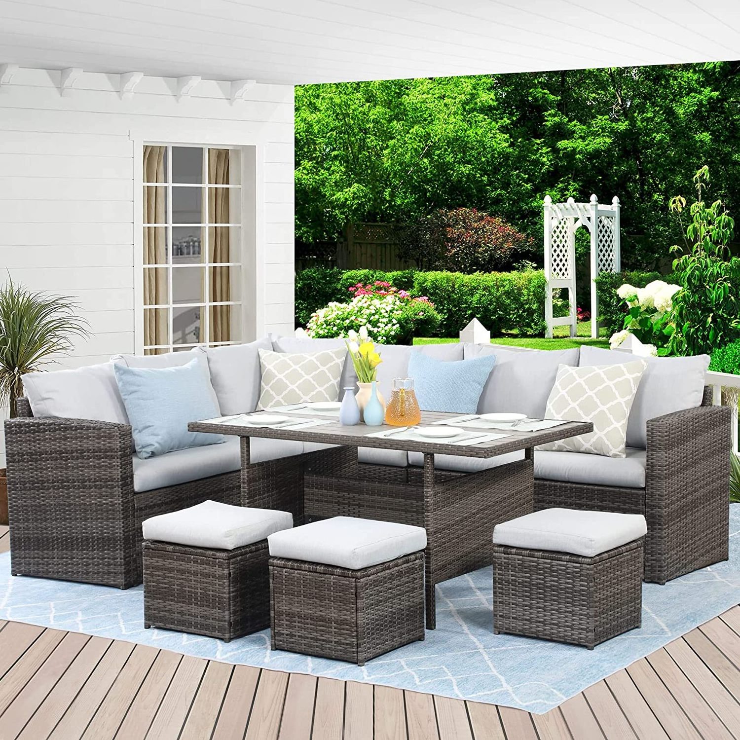 Outdoor Patio Furniture Set, 7 Piece Outdoor Dining Sectional Sofa with Dining Table and Chair, All Weather Wicker Conversation