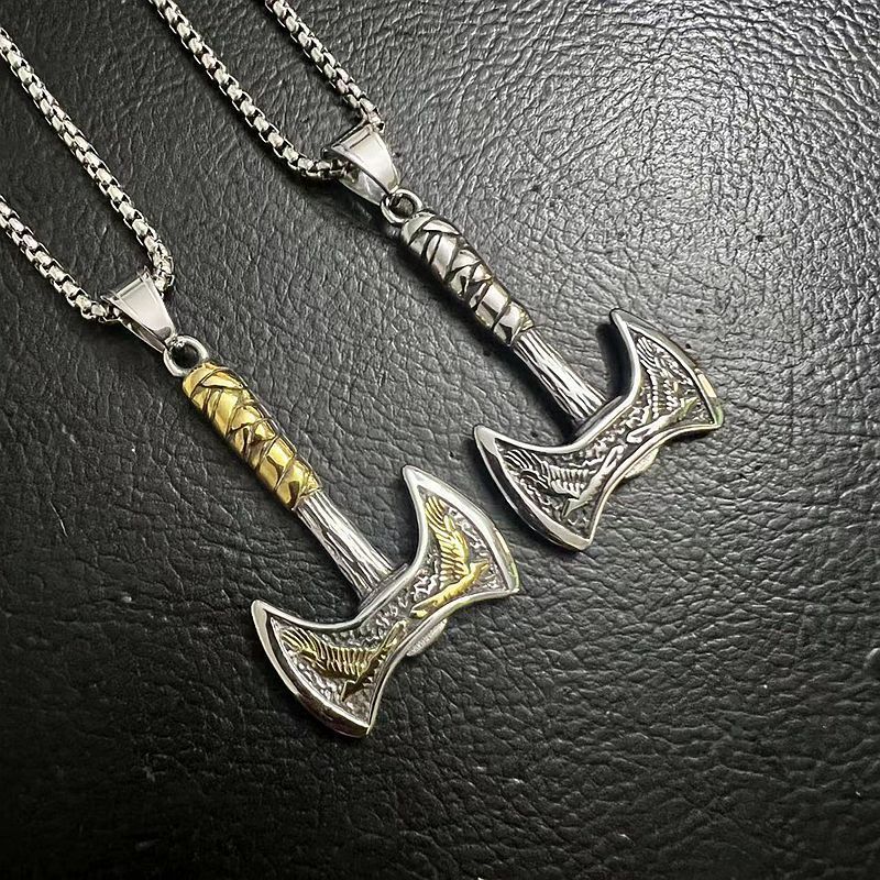 Dual Color Odin Crow Totem Nordic Viking Ravens Axe Stainless Steel Jewelry Pendant Fine Jewelry Necklace 316 for Men 2024