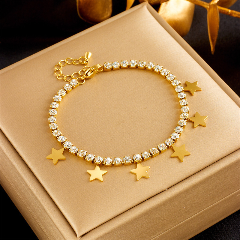 Five Pointed Star Gold Plated 316 Stainless Steel Zircon Pvd Bling Tennis Chain Fashion Jewelry Bracelets For Women Wholesale