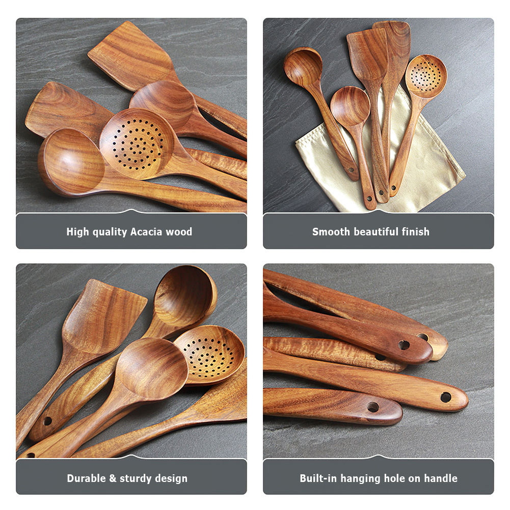 Wholesale Wooden Kitchen Utensils and Appliances Sets Long Handle Spatula Spoon Cooking Utensils