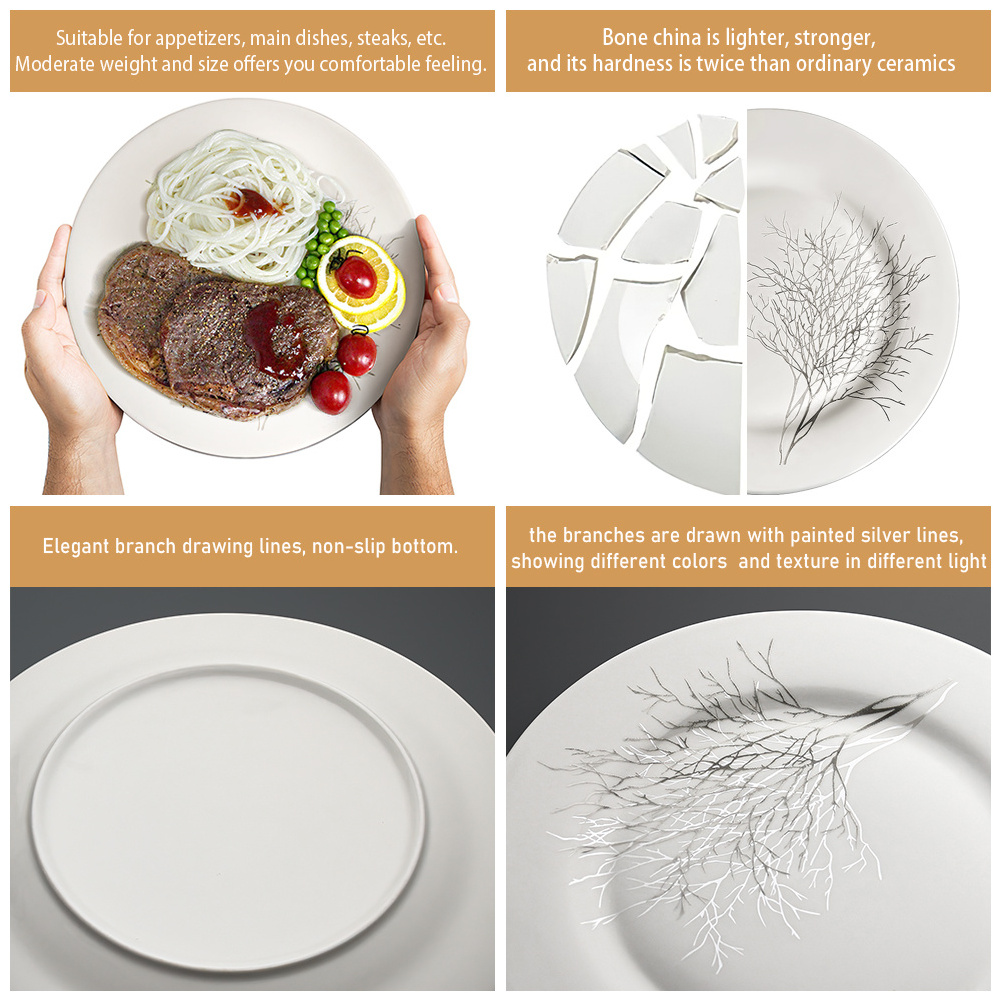 Custom Printed Catering Plates Nordic  Ceramic Hotel Dinner Plates with Silver Thread