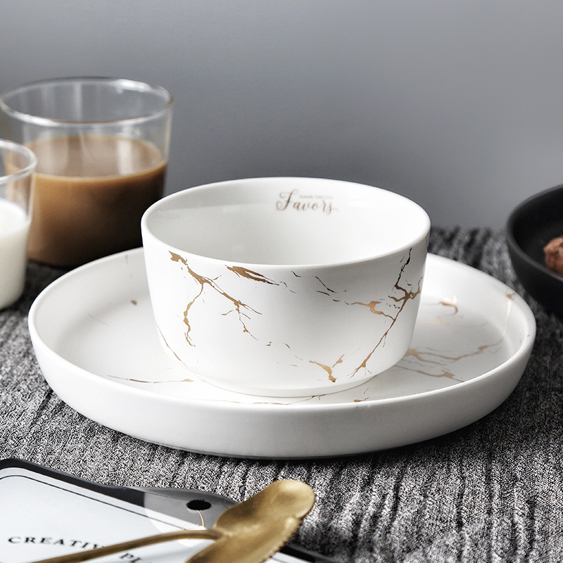 Marble Ceramic Charger Plates and Bowls Set for Kitchen Black Steak Plates for Restaurant