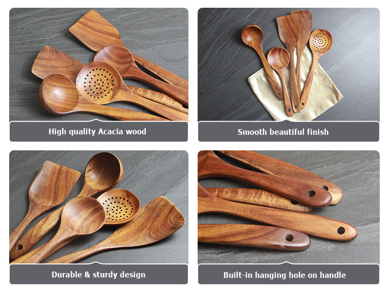 Wholesale Wooden Kitchen Utensils and Appliances Sets Long Handle Spatula Spoon Cooking Utensils