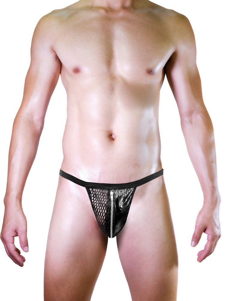 Men's Sexy Lingerie Briefs Faux Leather Thong Zipper Design Low Rise Pouch Underwear Men's Flirting Costume