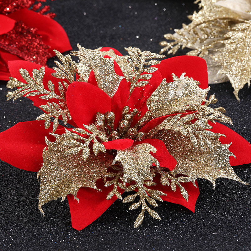 Christmas Tree Decoration Artificial Flower Golden Poinsettia Glitter Christmas Flowers