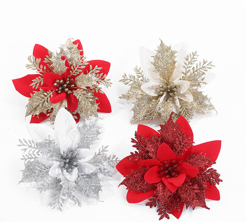 Christmas Tree Decoration Artificial Flower Golden Poinsettia Glitter Christmas Flowers