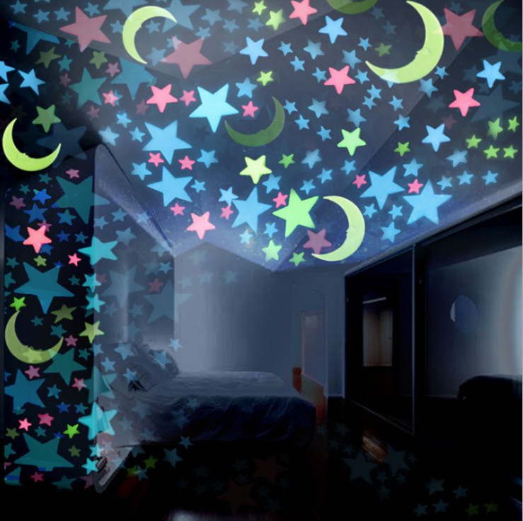 Best Sales Spaceship Moon Star Fluorescent 3D Sticker For Living Room Removable Kids Wall Decals Sticker