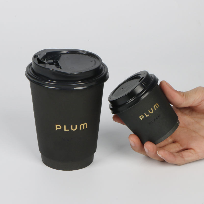 black DOUBLE Wall Disposable paper coffee cup suppliers custom printed cheap waterproof coffee paper cup with black lid