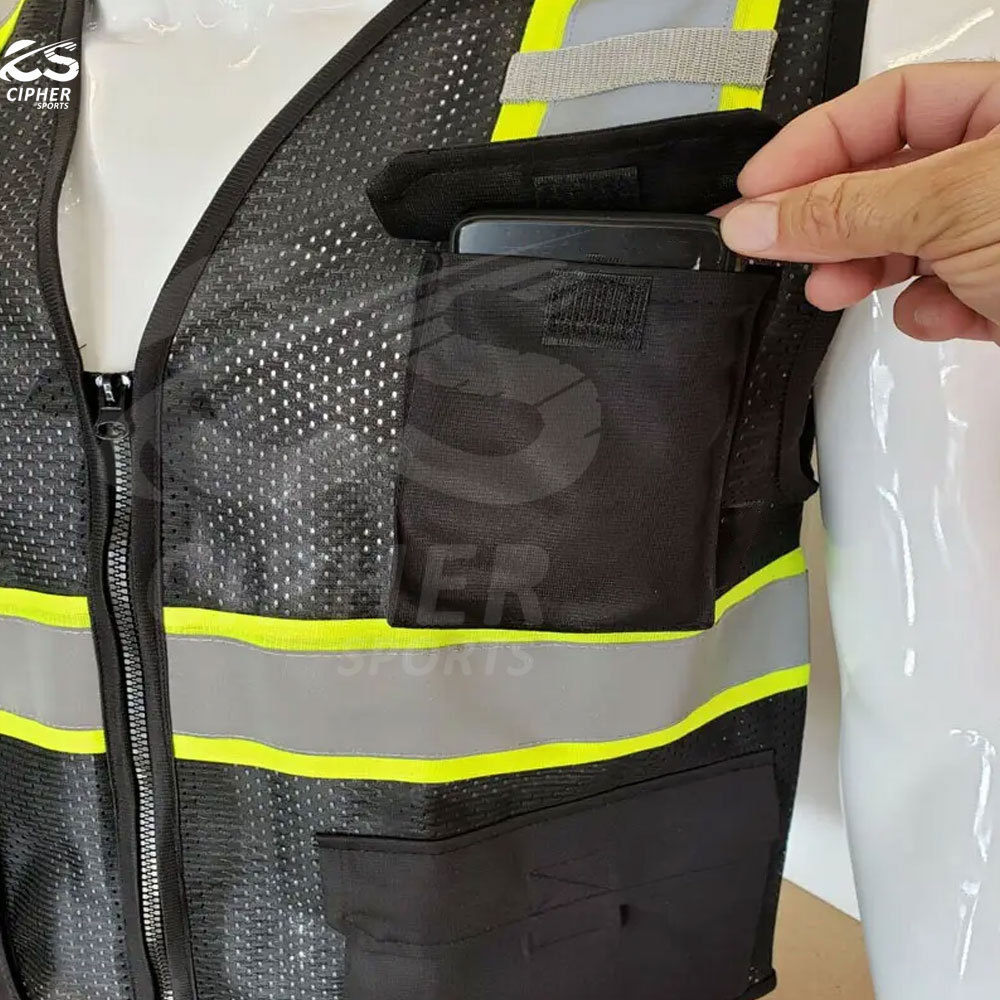 Hi Viz Vest Custom Logo  Polyester Tricot Black  Safety Reflective Mesh Vest Cheap Made in Pakistan