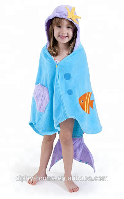 Blue Mermaid  Cotton Hooded Custom  Printed Towel for Children  Beach Swimming Bath Towel