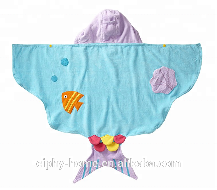 Blue Mermaid  Cotton Hooded Custom  Printed Towel for Children  Beach Swimming Bath Towel