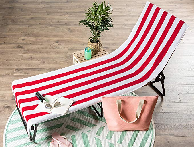 Home Fashions Lounge Chair Cotton Print Stripe  Beach Towel With Fitted Pocket Top