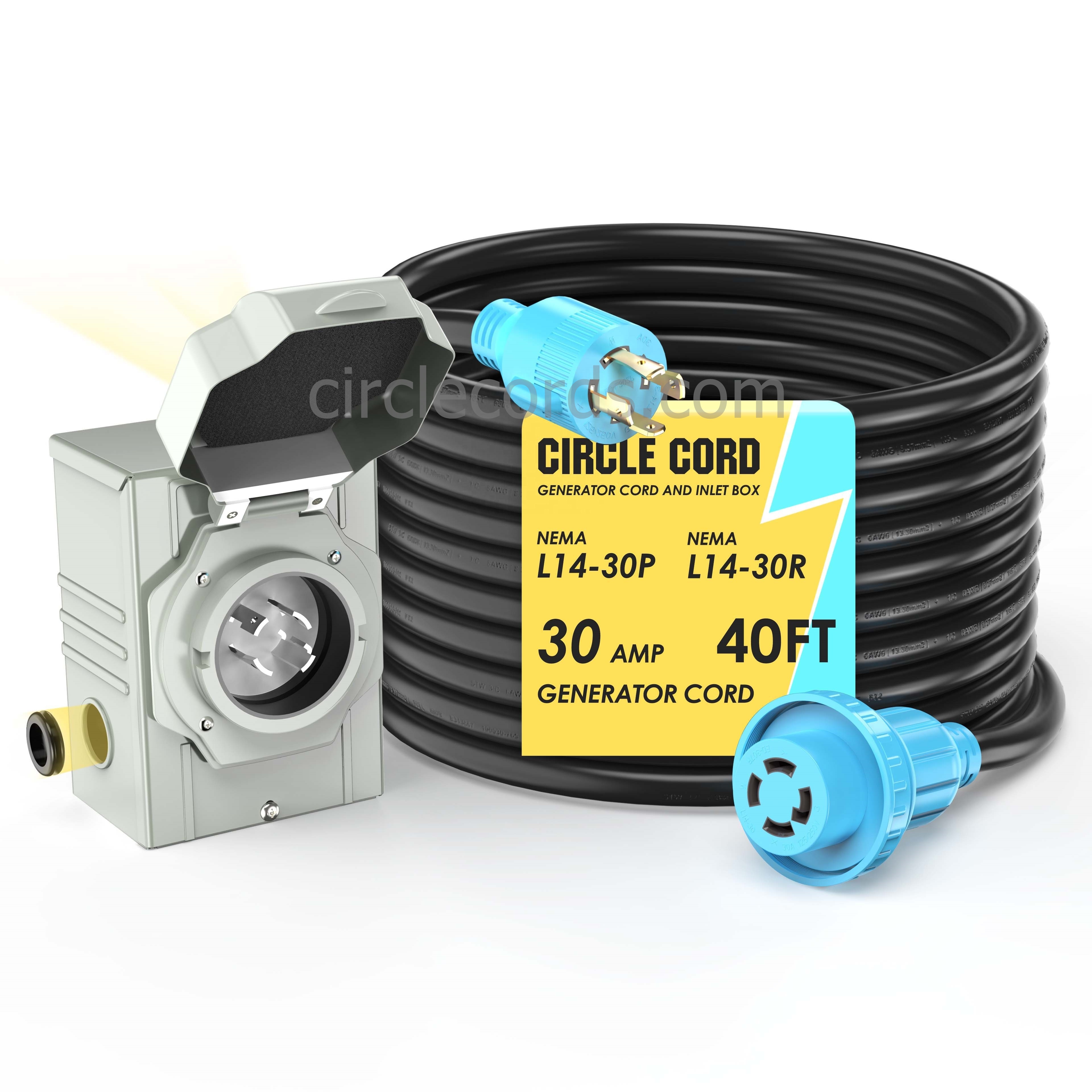 CircleCord 4 Prong 40 Feet 30 Amp Generator Extension Cord and Inlet Box with Locking Connector NEMA L14-30P/L14-30R