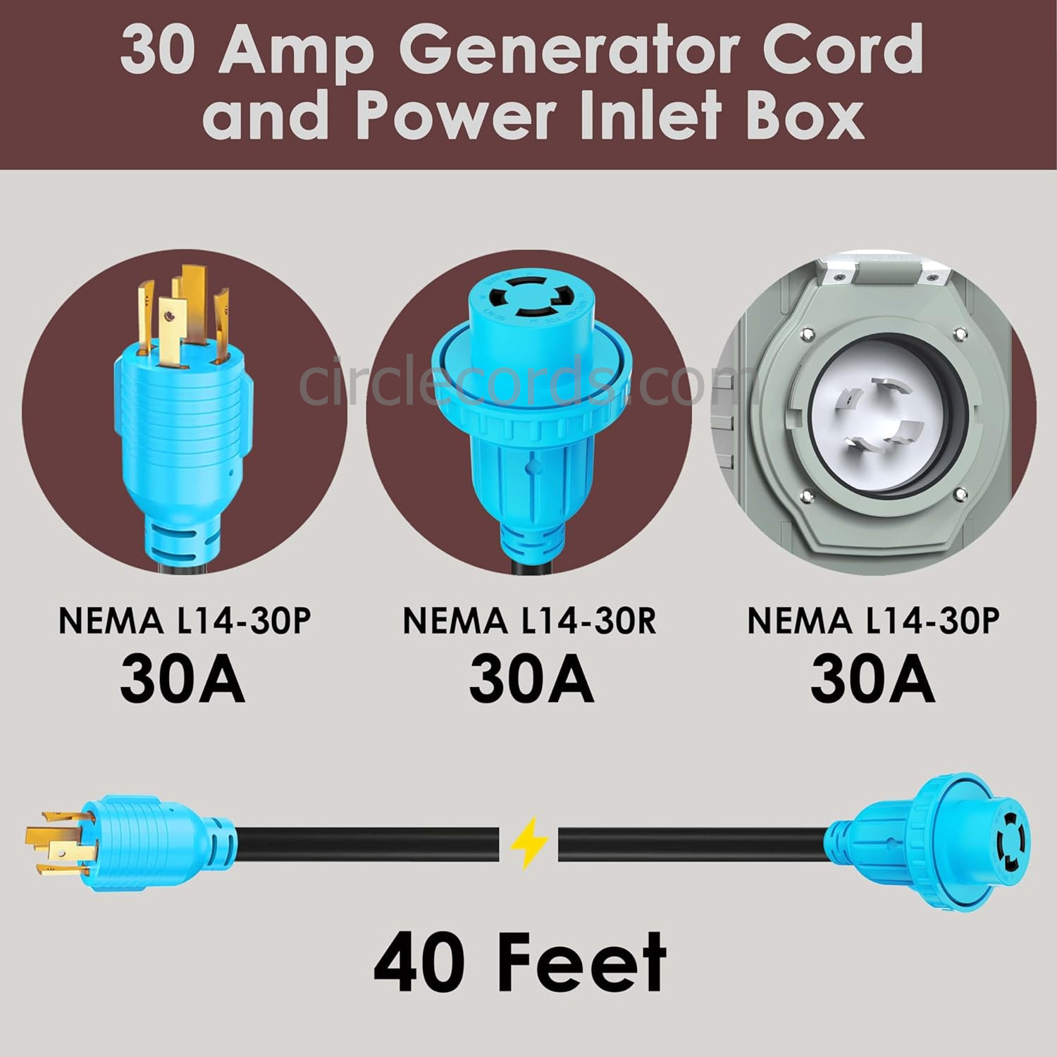 CircleCord 4 Prong 40 Feet 30 Amp Generator Extension Cord and Inlet Box with Locking Connector NEMA L14-30P/L14-30R