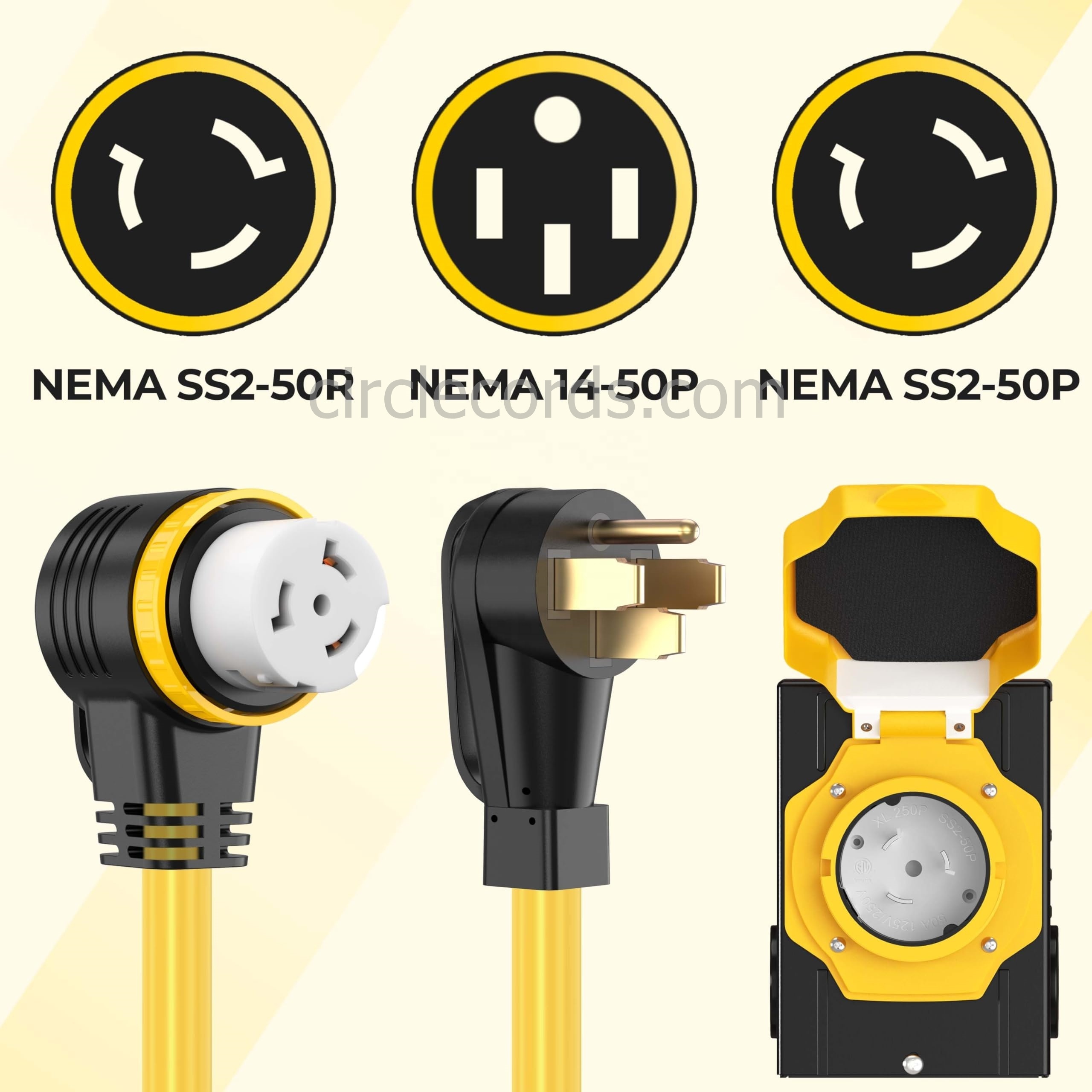 Heavy Duty 6/3+8/1 AWG STW Wire NEMA 14-50P to SS2-50R Twist Locking 50 Amp 50 Feet Generator Cord Plug