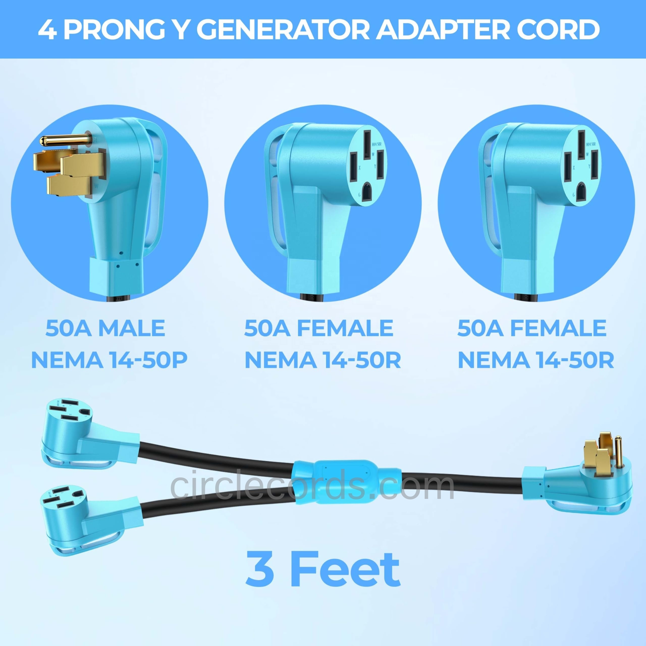 CircleCord RV Y Adapter Cord 50 Amp to Two 50 Amp, NEMA 14-50P Male Plug to 14-50R Female with Grip Handle