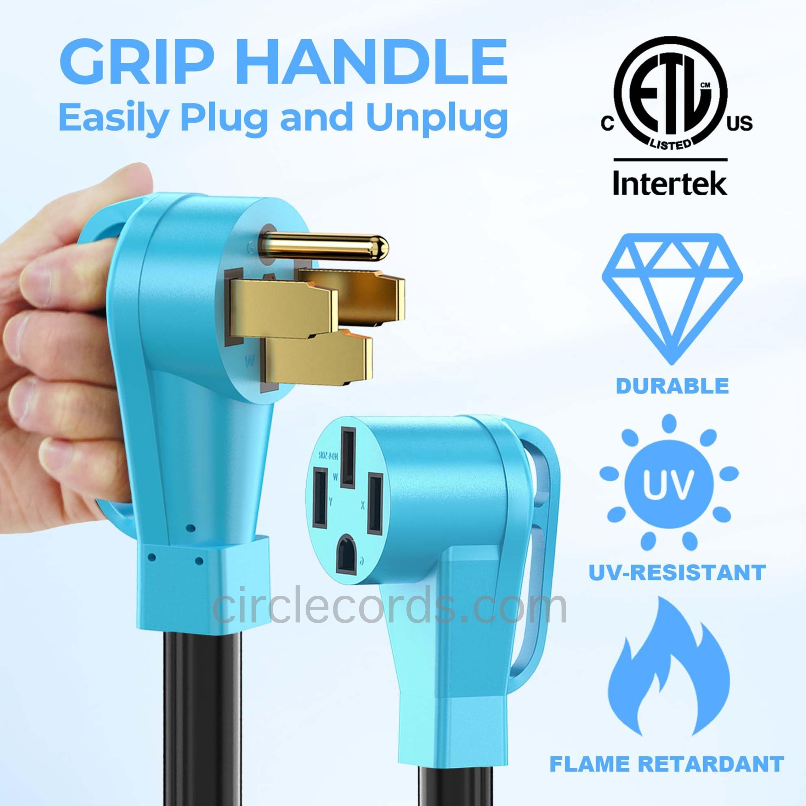 CircleCord RV Y Adapter Cord 50 Amp to Two 50 Amp, NEMA 14-50P Male Plug to 14-50R Female with Grip Handle