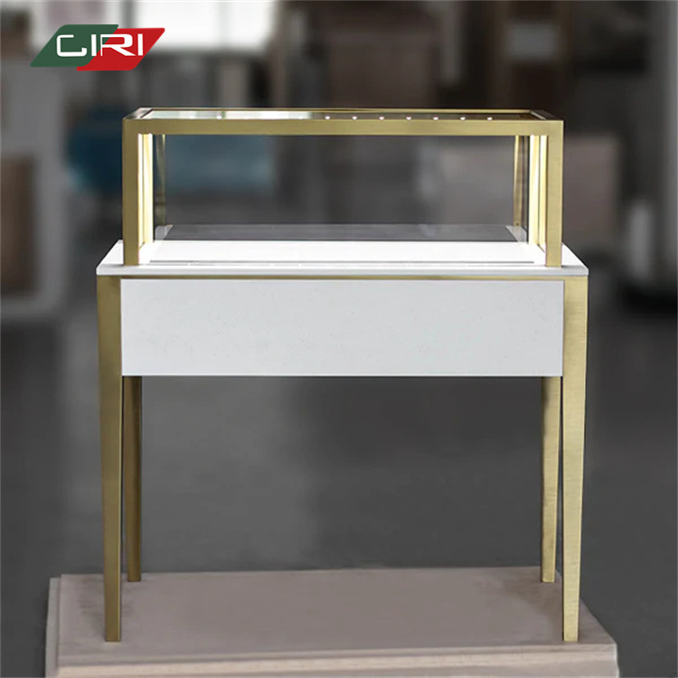 CIRI Portable Gold Metal Jewelry Kiosk with Glass Tabletop Multifunction Showcase for Glass Metal Sliding Door