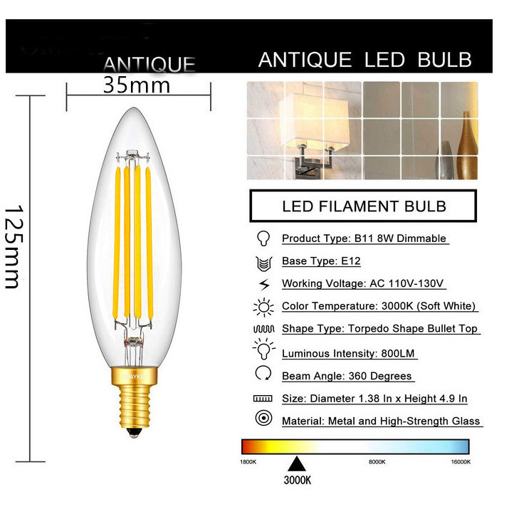 Candle filamentbulb Dimmable filament LED bulb Warm White Ultra Bright Led Candle 4W Glass Housing Bulb Light