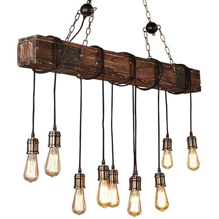 Farmhouse Chandelier Wood Hanging Industrial Pendant Lighting Vintage Ceiling Light Fixture 10-Light for Pool Table Kitchen