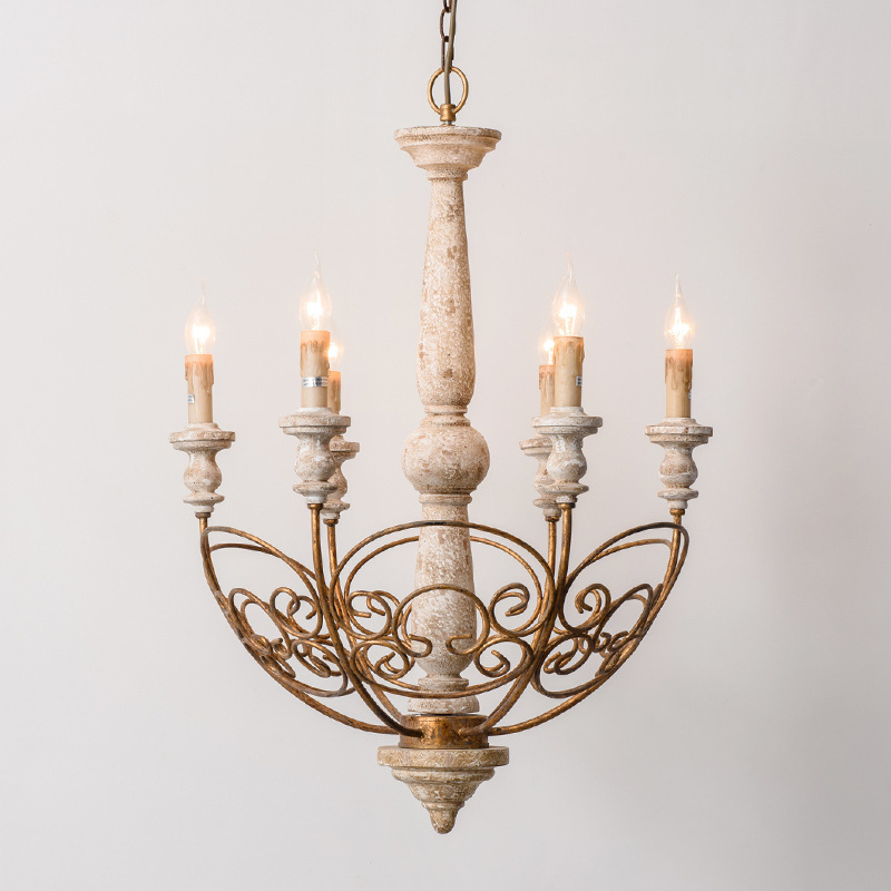 American country solid wood lighting candles living room dining stair lights French creative retro wrought iron chandelier