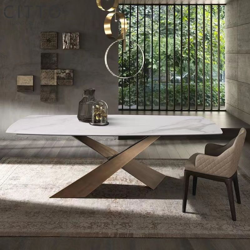 New Contemporary Furniture Dinning Table White Metal Brass Dining Table Manufacturers Brushed Brass Sintered Stone Customize