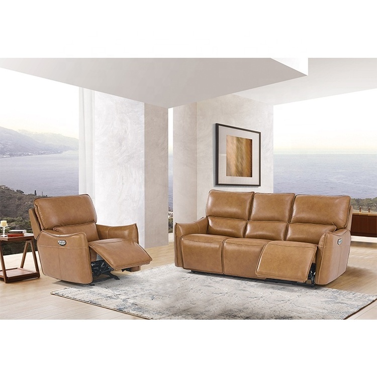 Classical electric 3 seats sofa luxury recliner orange leather set genuine leather chesterfield sofa