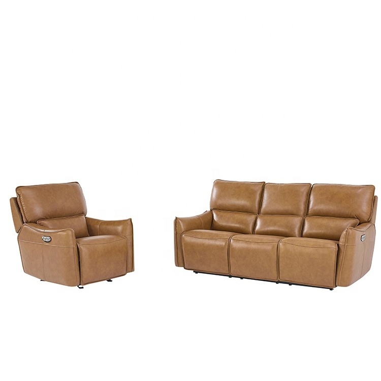 Classical electric 3 seats sofa luxury recliner orange leather set genuine leather chesterfield sofa