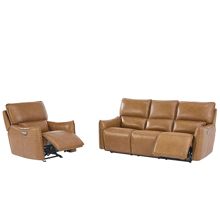 Classical electric 3 seats sofa luxury recliner orange leather set genuine leather chesterfield sofa