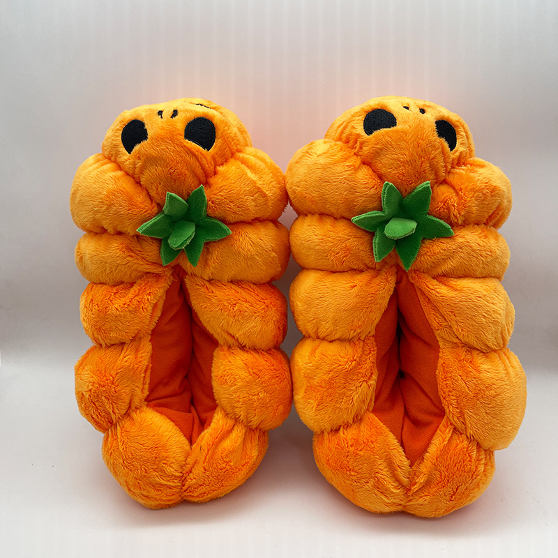 Black Embroidery Faux Fur Halloween Home Slippers Pumpkin Plush House Slippers