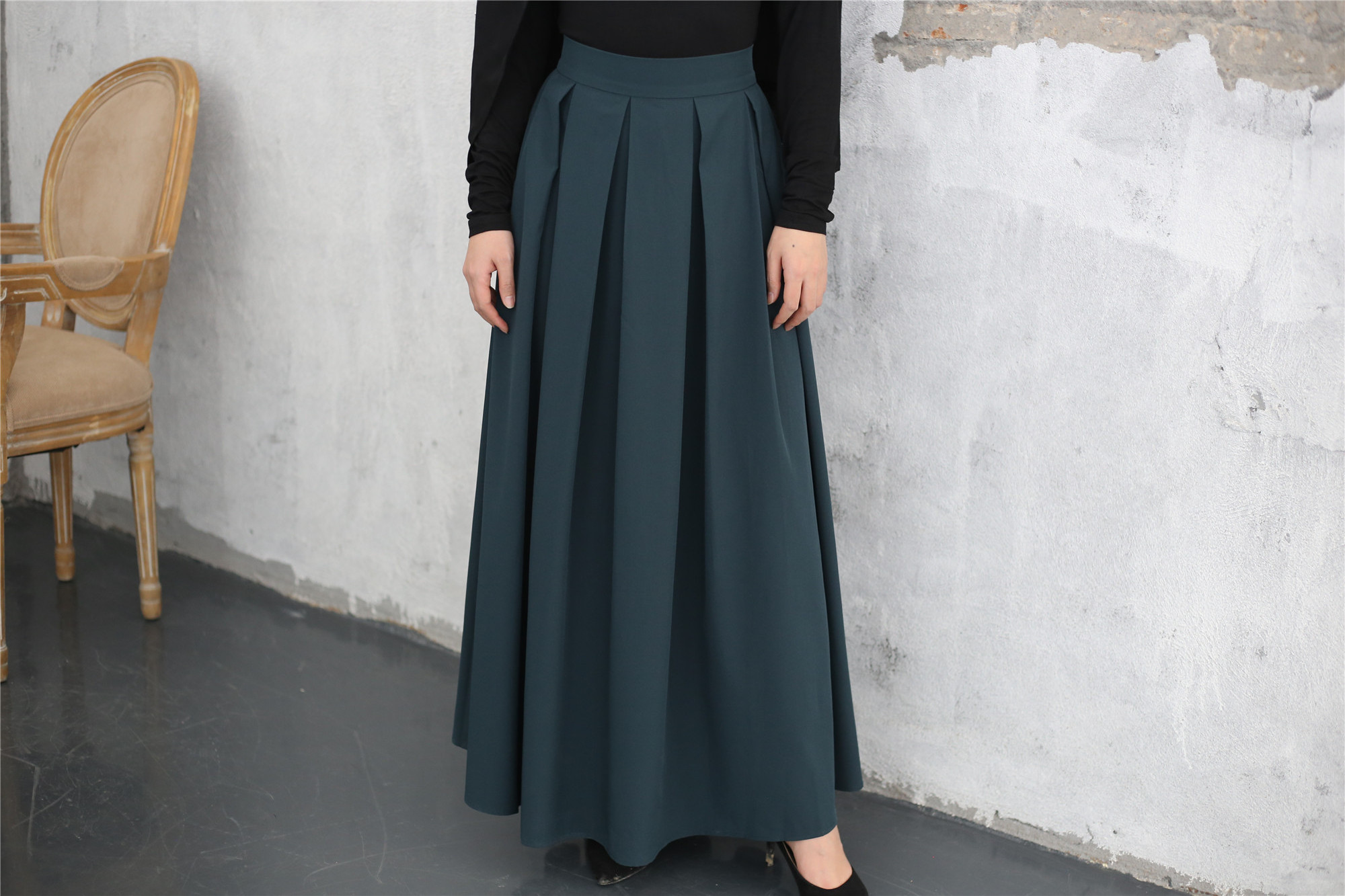 2195# Muslim Elegant Skirt Islamic Dubai A-Line Pleated Turkish Solid Dress Big Swing Modest Women Clothing