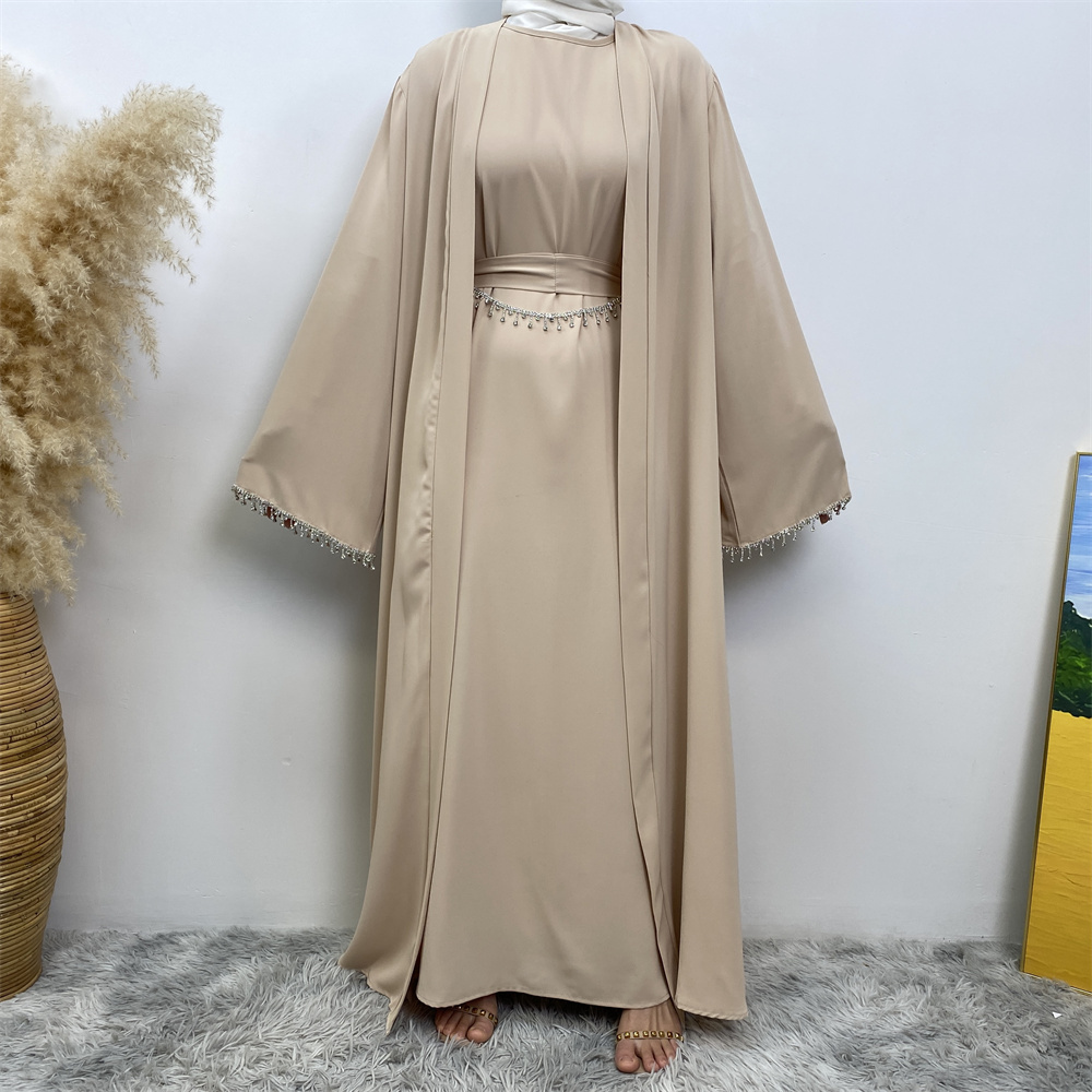 2006+6595# Latest Ramadan Muslimah 2 PCS Set Diamond Cuff Abaya Sleeveless Inner Dress With Belt Match One Silver Diamond Chain