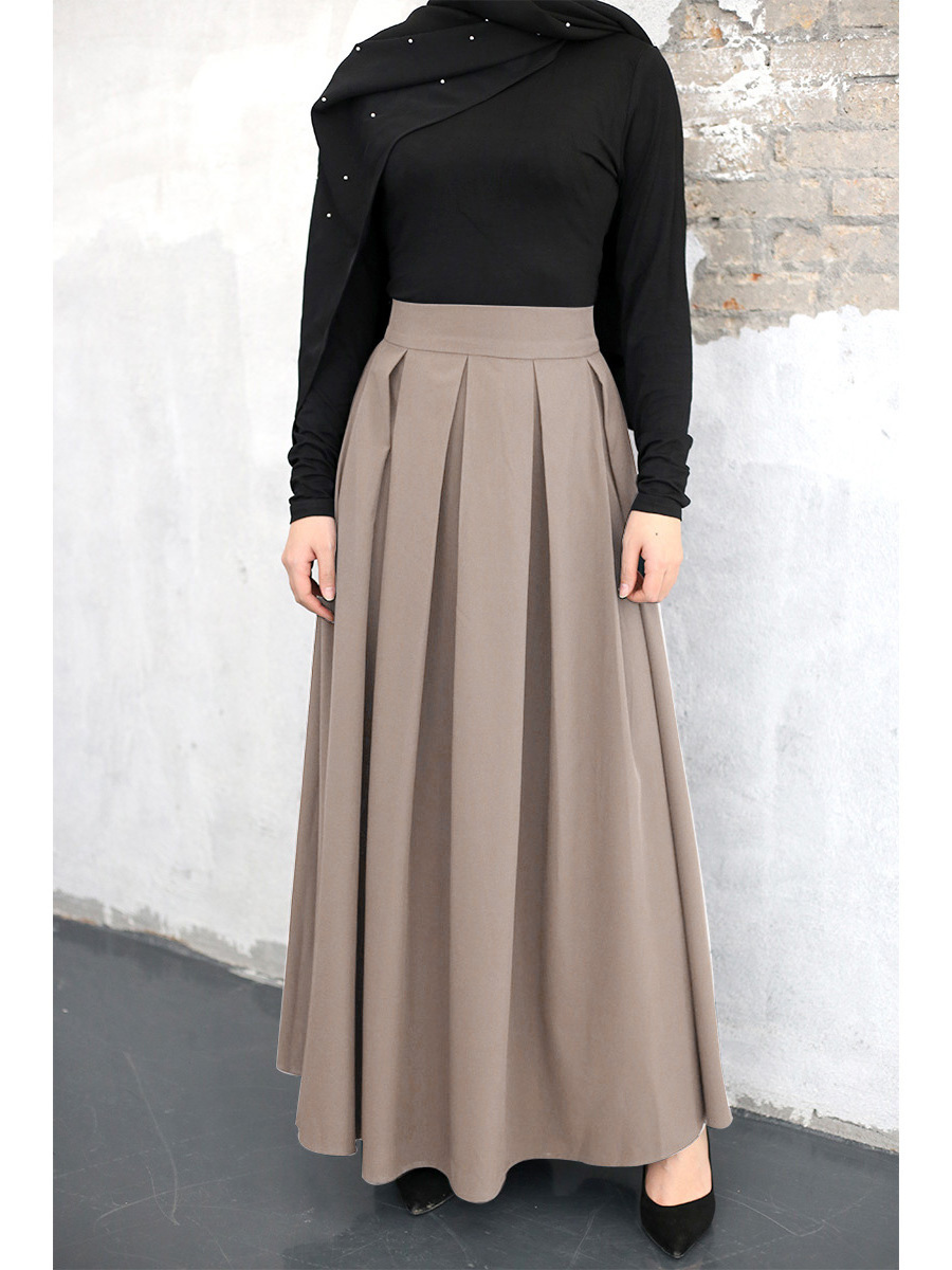 2195# Muslim Elegant Skirt Islamic Dubai A-Line Pleated Turkish Solid Dress Big Swing Modest Women Clothing