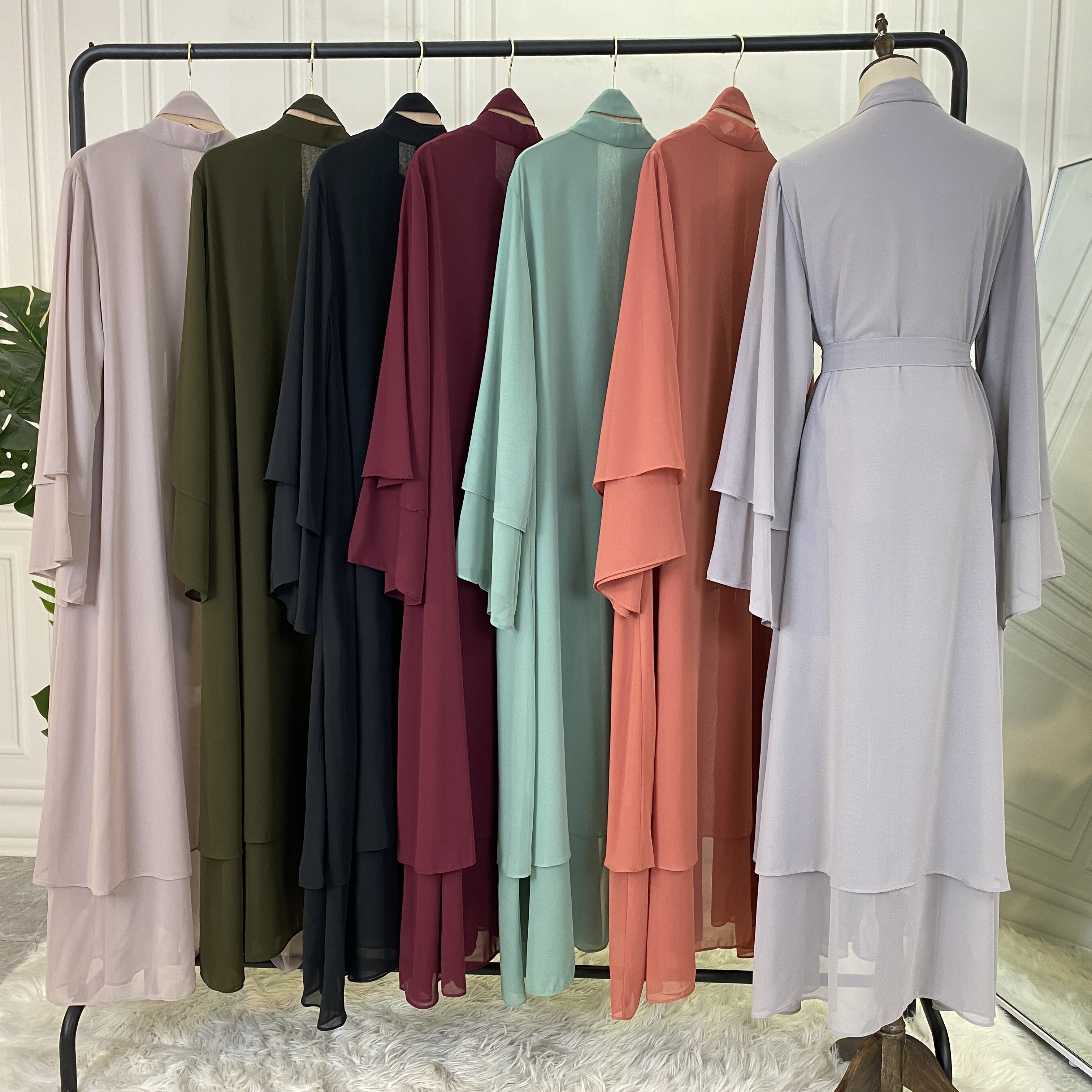 1875# Hot Sale Dubai Fashion Women Muslim Solid Long Sleeve Casual Cardigan Dress Islamic Ladies Chiffon Abaya