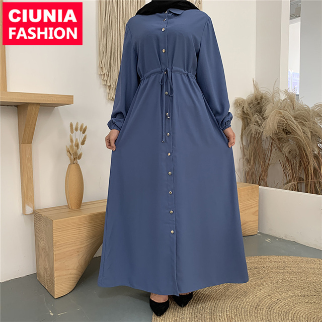 6289# Ramadan Popular Simple Style Buttons Long Dresses Shirts Islamic Clothing Solid Color Daily Wear Modern Muslim Ladies Abay