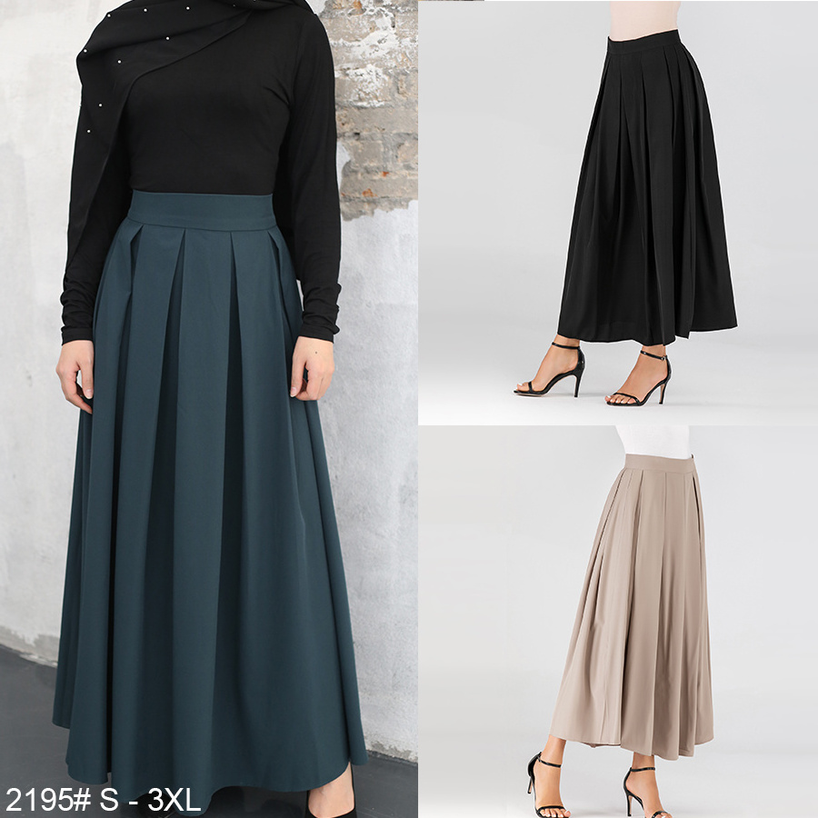 2195# Muslim Elegant Skirt Islamic Dubai A-Line Pleated Turkish Solid Dress Big Swing Modest Women Clothing