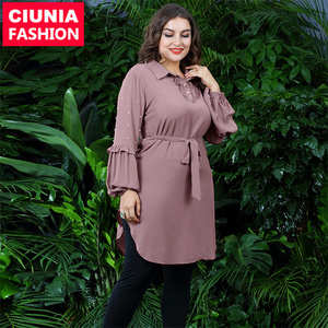 2105# Muslim Long Tops Arabic Chiffon Turkish Dubai Islamic Clothing Turn-Down Collar Blouse belted Ropa Musulmana de mujer