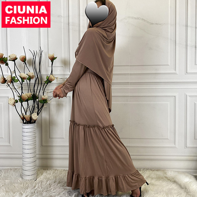 6378# Solid color fashion robe muslim islamic women prayer dress thobe matching with long scarf