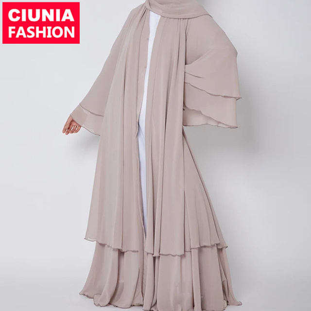 1875# Hot Sale Dubai Fashion Women Muslim Solid Long Sleeve Casual Cardigan Dress Islamic Ladies Chiffon Abaya