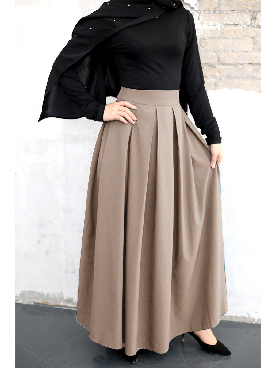 2195# Muslim Elegant Skirt Islamic Dubai A-Line Pleated Turkish Solid Dress Big Swing Modest Women Clothing