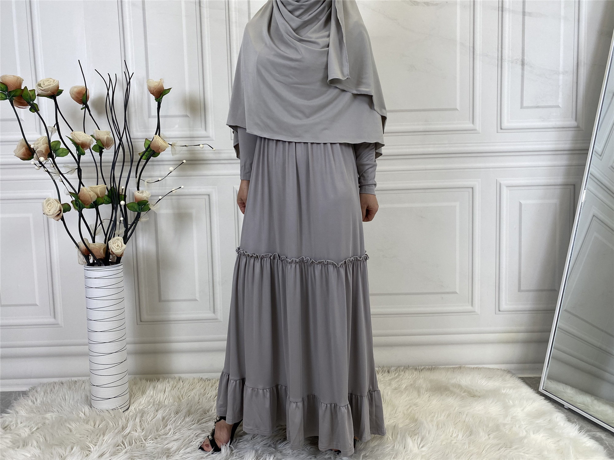 6378# Solid color fashion robe muslim islamic women prayer dress thobe matching with long scarf