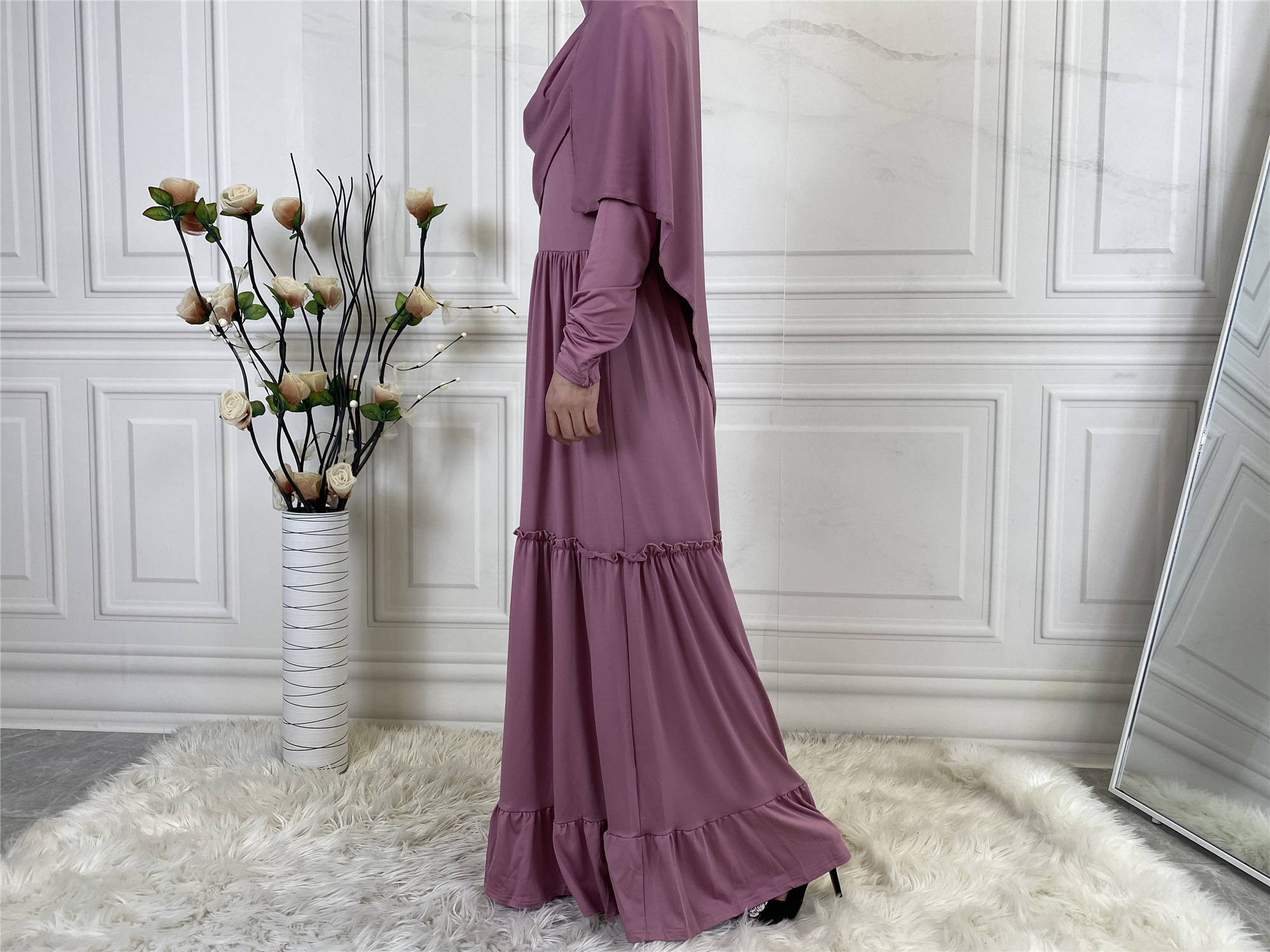 6378# Solid color fashion robe muslim islamic women prayer dress thobe matching with long scarf