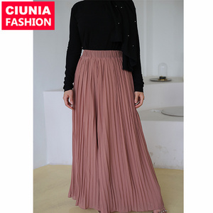 9012# Women Dubai Arabian Trousers Fashion Pleated Chiffon Casual Islamic Muslim Pants