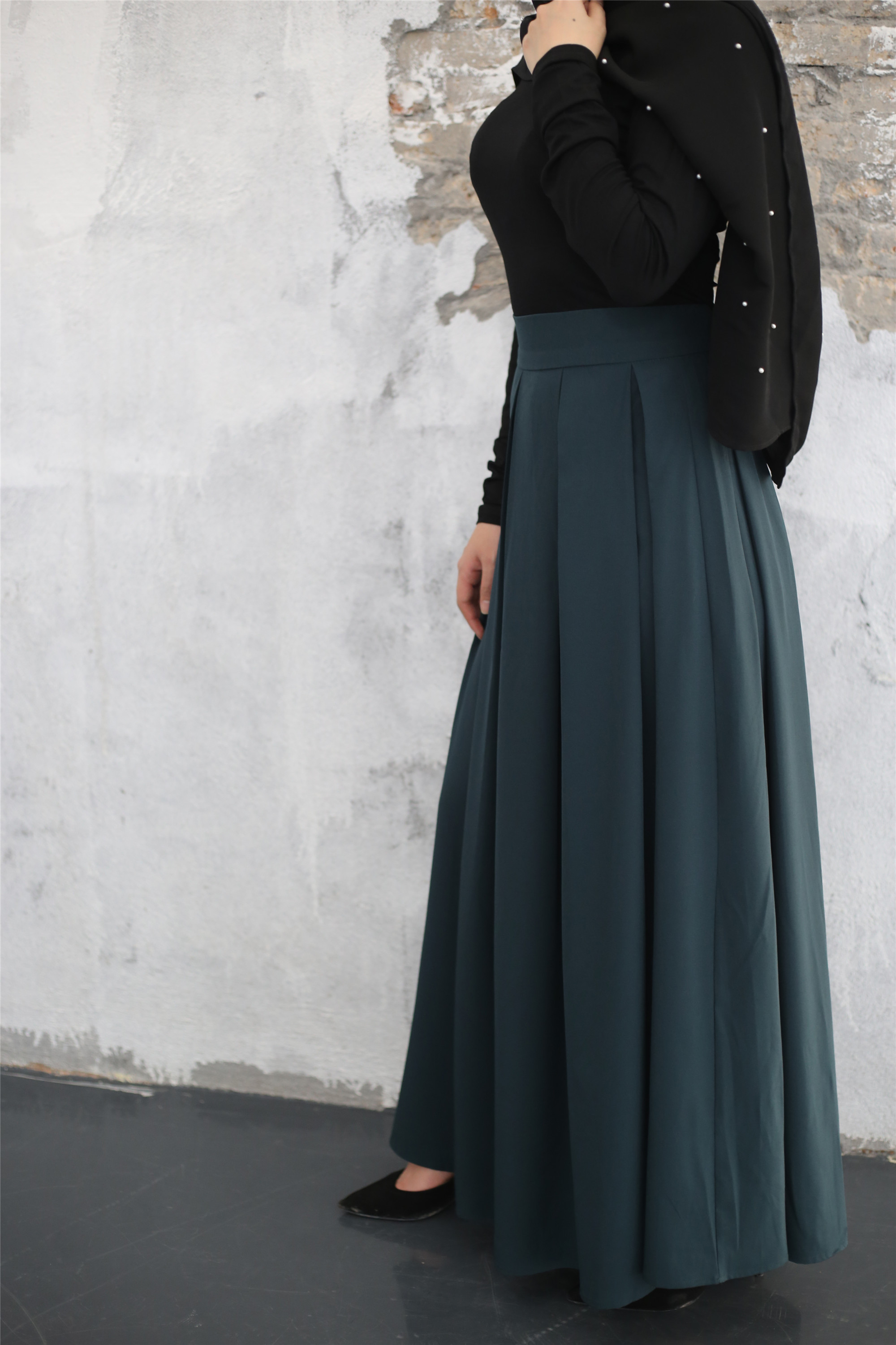 2195# Muslim Elegant Skirt Islamic Dubai A-Line Pleated Turkish Solid Dress Big Swing Modest Women Clothing