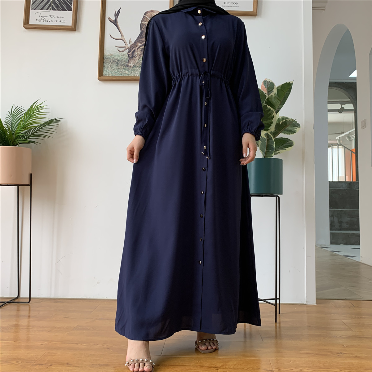 6289# Ramadan Popular Simple Style Buttons Long Dresses Shirts Islamic Clothing Solid Color Daily Wear Modern Muslim Ladies Abay