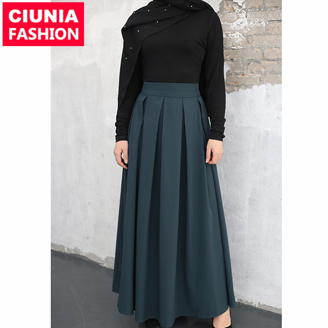 2195# Muslim Elegant Skirt Islamic Dubai A-Line Pleated Turkish Solid Dress Big Swing Modest Women Clothing