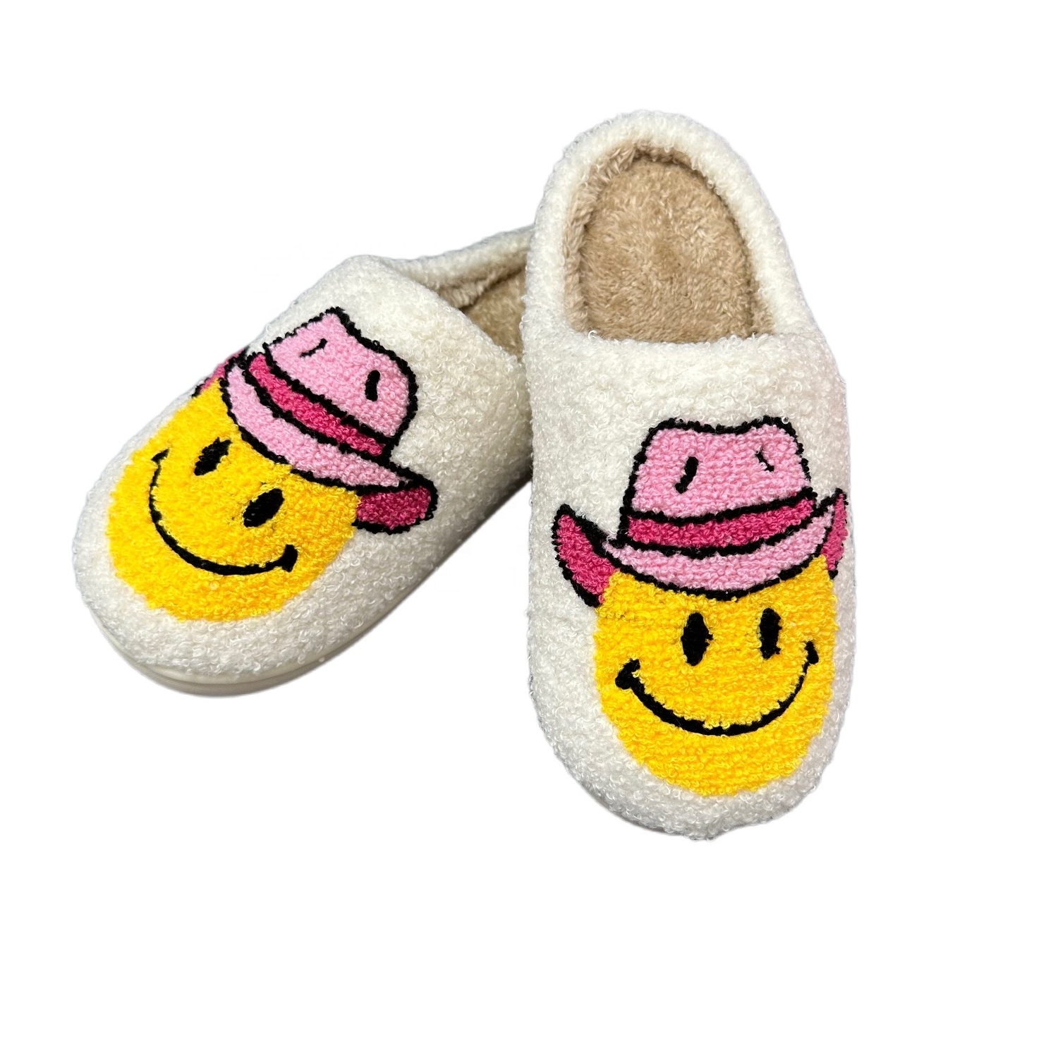 Wholesale smile happy  face with hat slippers ladies winter indoor fuzzy warm furry home house cute bedroom pantoufle slippers